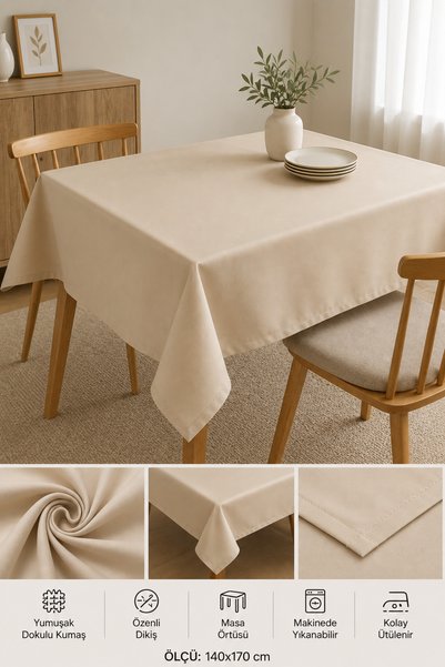 Nilyso Home Bej Mutfak Masa Örtüsü 140x170 cm, Kumaş Masa Örtüsü