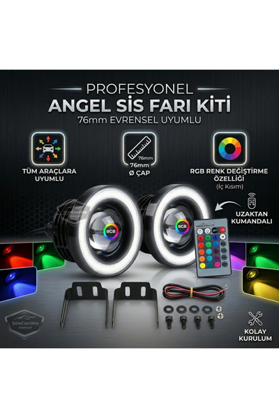 ŞüsCarOto Aksesuar Üniversal Kumandalı RGB Mercekli Angel Sis Farı Metal Su G...