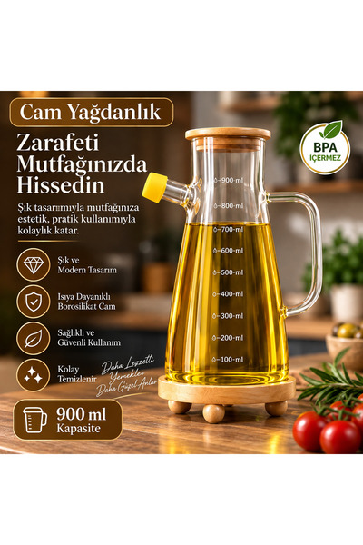Genel Markalar Ahşap Kapaklı Cam Yağdanlık 900 ML – Ölçülü, Isıya Dayanıklı B...