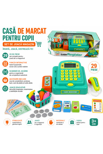 SHOP LIKE A PRO Casă de Marcat pentru Copii, Set de Joacă Magazin, 29 Piese, ...