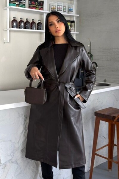 AKD Atelier Women's Long Trench Coat Faux Leather Belted Double Pockets Slit ...