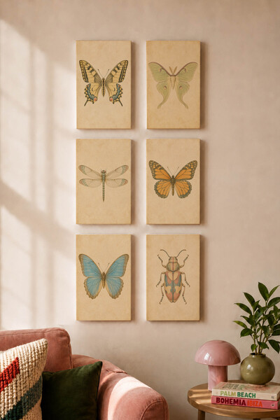 Zestia Set de 6 tablouri pe pânză, Entomologie vintage, Fluture și Libelulă, ...
