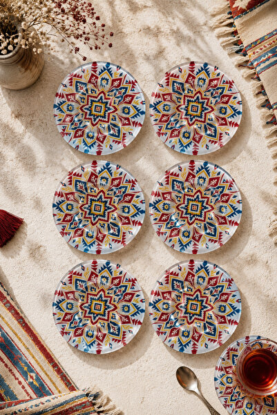 Ahenk Ev&Sofra 6’lı Cam Çay Tabağı - Etnik Kilim Desenli 12 cm - 6 Adet Çay T...