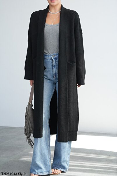 Lupies Women's Black Shawl Collar Long Knitwear Cardigan with Pockets