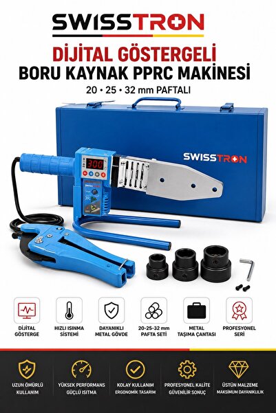 SwissTron Dijital Göstergeli PPRC Boru Kaynak Makinesi 20-25-32 mm Paftalı Makaslı Metal Çantalı Tam Set