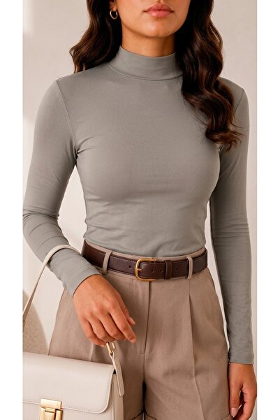 MELA ROSSA Women's Gray Colored Stand Collar Long Sleeve Viscose Elastane Tre...