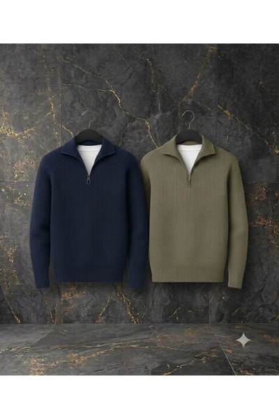 ixir Set of 2 Men's Stand-Up Collar Fisherman's Turtleneck Zippered Knitwear ...