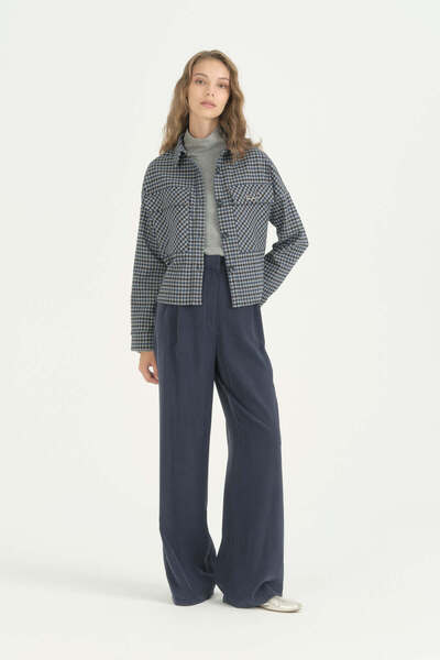 Nihan Houndstooth Patterned Crop Jacket - Navy Blue
