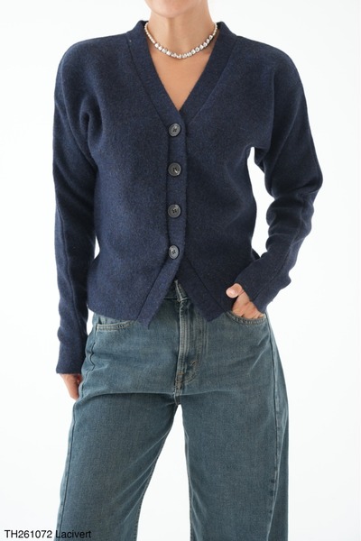 Lupies Women's Navy Blue Buttoned V-Neck Tie-Up Wool Knitwear Cardigan