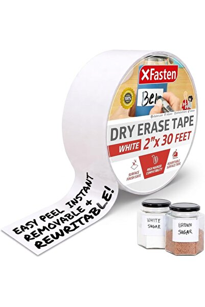 XFasten شريط لاصق أبيض قابل للمسح الجاف مقاس 2 بوصة × 30 قدمًا، لا يسبب تلطخً...
