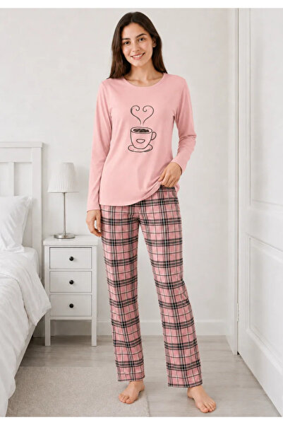 Serena Pijama de dama roz cu maneca lunga si pantaloni lungi roz cu carouri