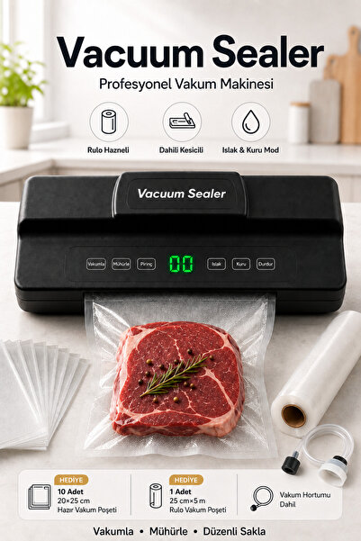 Vacuum Sealer Gıda Vakum Makinesi Rulo Hazneli Poşet Kesicili Ev ve Restoran ...