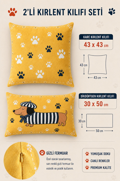 Decomia Home Çift Taraflı Pati ve Köpek Desenli Kırlent Kılıfı Seti (43x43 ve 30x50 cm)