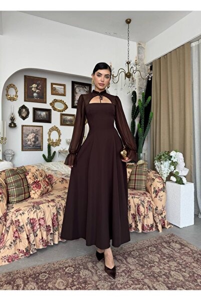 YURELİ Bağlama Yaka Şifon Kollu A Kesim Maxi Elbise