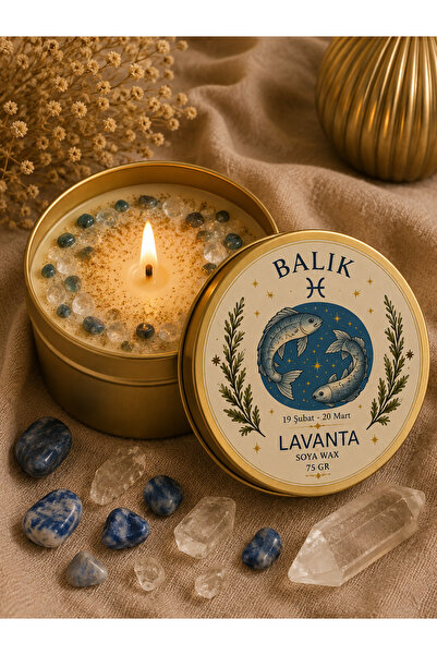 Balık Burcu Lavanta Kokulu Soya Mum Kristal Taşlı Zodyak Dekoratif Mum 75 gr