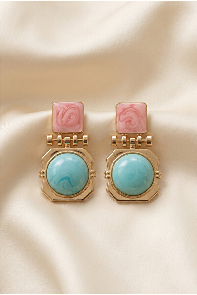 Pelin Aksesuar Pink Square and Blue Round Stone Gold Earrings