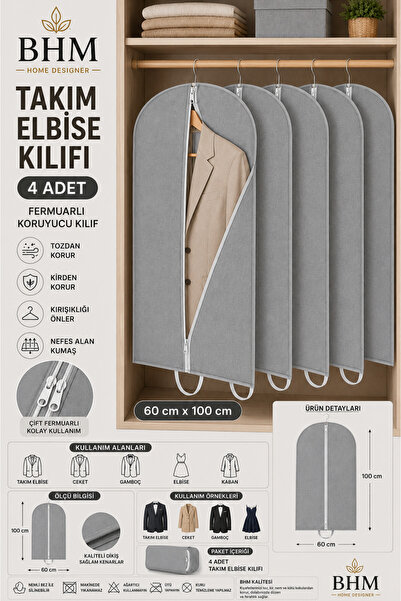 BHM 4'lü Takım Elbise Kılıfı 60X100 cm Çift Fermuarlı Gamboç Elbise Kılıfı Kı...