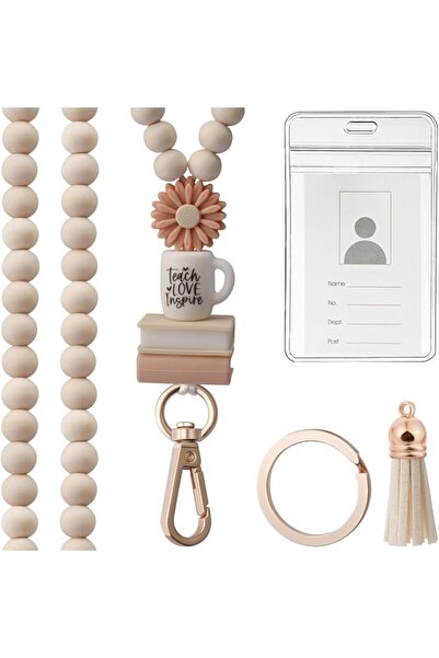 ALMEKAQUZ Teacher Lanyard for Women, Super Cute Boho Wood BeadedLanyard with ...