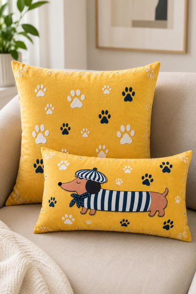 Decomia Home Çift Taraflı Pati ve Köpek Desenli Kırlent Kılıfı Seti (43x43 ve...
