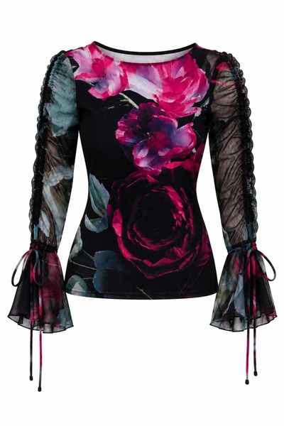 bb butik basic Women's Floral Patterned Gathered Sleeve Tulle Blouse Fk3535