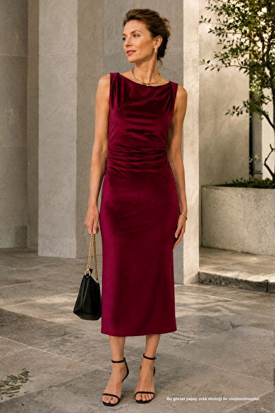 Rhen Store Drape Yaka Büzgü Detaylı Bordo Kadife Midi Elbise
