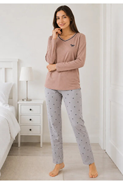 Serena Pijama de dama crem cu maneca lunga si pantaloni lungi gri cu buline