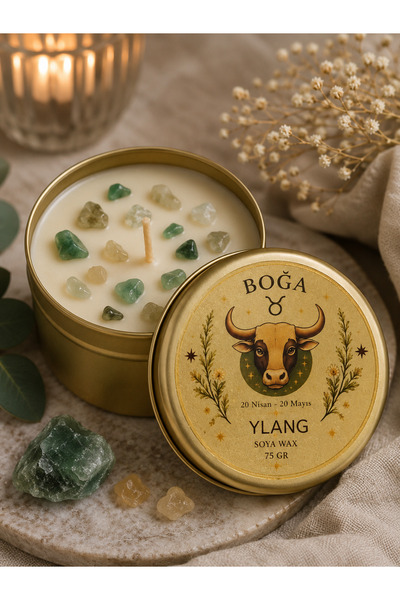 Boğa Burcu Doğal Taşlı Ylang Ylang Kokulu Soya Wax Mum
