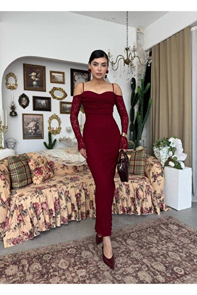 YURELİ İnce Askılı Drape Detaylı Dantel Kollu Uzun Elbise