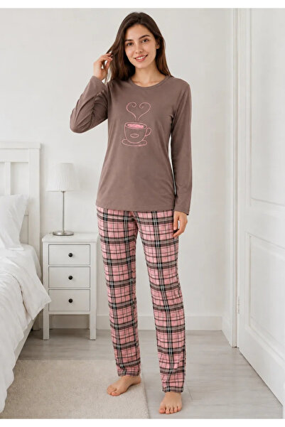 Serena Pijama de dama maro cu maneca lunga si pantaloni lungi roz cu carouri