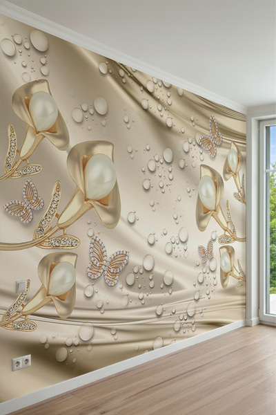 MİRAZAWALL Gold Dalgalı Kumaş, İncili Çiçekler ve Elmas Taşlı Kelebek Desenli...
