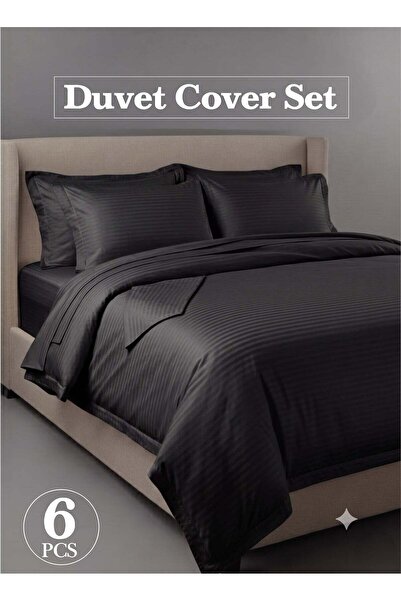 ZeeSquare Premium 6-Piece Striped Duvet Cover Set King Size 220x240 cm, Luxur...