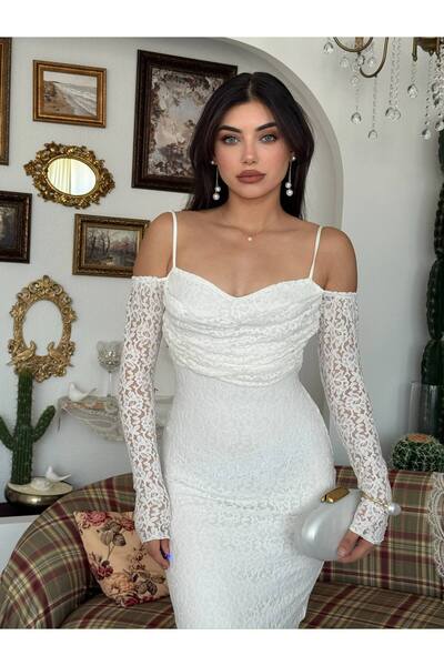 YURELİ İnce Askılı Drape Detaylı Dantel Kollu Uzun Elbise