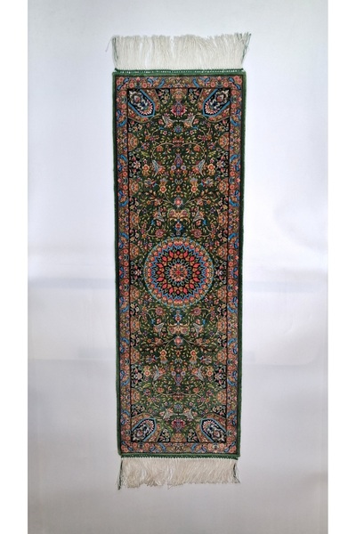MEVLANA BAZAAR Traditional Medallion Patterned Green / Silk-30X90 cm