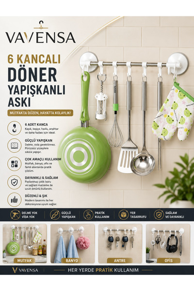 VAVENSA Vantuzlu Çok Kancalı Askılık Mutfak Banyo Havlu Kaşık Kepçe Düzenleyici