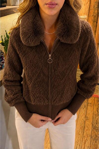 DAĞON'S Fur Collar Women's Knitwear Beard Cardigan