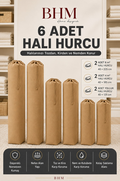 BHM 6 Adet Halı Hurcu Seti Büzgülü Halı Saklama Çantası Toz ve Neme Karşı Kor...