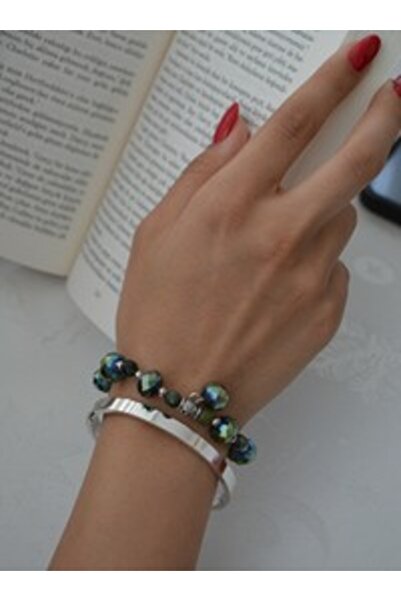 Stoneage Jade Stone Crystal Bracelet Set - Silver Color -