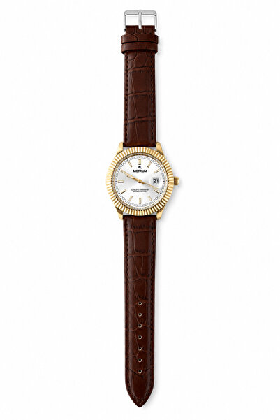 MTR-351035 Heritage Collection Erkek Saat - Beyaz Gold Fluted Bezel Kahve Deri Klasik Model