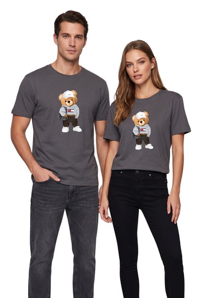 DK DAKSEL Tricou cu imprimeu ursuleț stil streetwear cu pălărie, culoare afum...