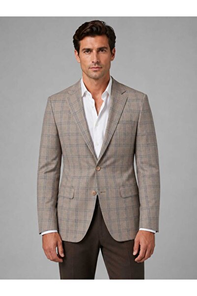Cambridge Regular %50Yün %50 Polyester Bej renk Kareli Tek Ceket Beden:56