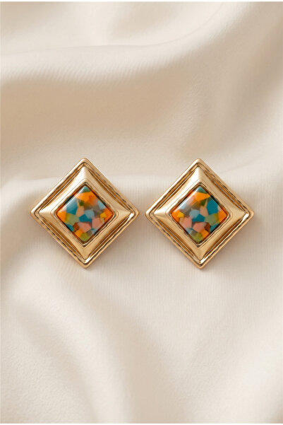 Pelin Aksesuar Orange Multicolor Patterned Gold Framed Large Square Earrings