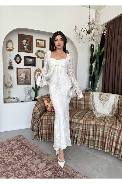 YURELİ Gül Detaylı Drapeli Yaka Dantel Balık Kesim Maxi Elbise