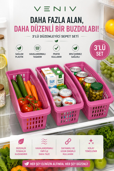 VENİV 3-Piece Refrigerator Organizer Basket Set – Ventilated Multi-Purpose Ki...