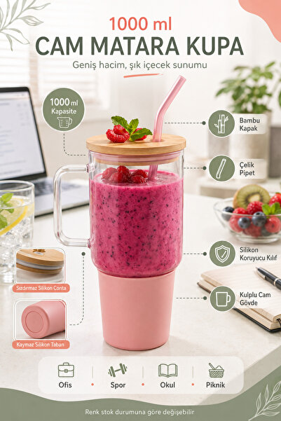 1000 ml Cam Matara Kupa Bardak - Bambu Kapaklı - Silikon Kılıflı - Çelik Pipetli