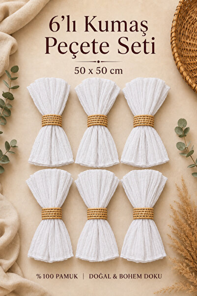 Kitchen Vogue Peçetelik 6’lı Bohem Peçete Seti Düğün %100 Pamuk Kırışık Dokul...