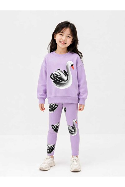 CoolCix LİLA kuğu desenli taytlı swetshirt 2li takım
