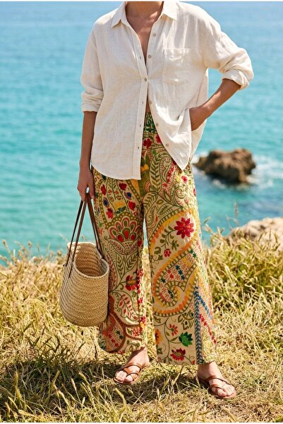 İthal Women's Multi-Colored Ethnic Shawl Patterned Hand Embroidered Wide Leg ...
