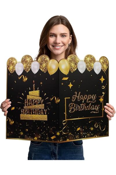 NALACAL Happy Birthday Jumbo Guest Book, 22x16 Inch Black & Gold Giant Greeti...