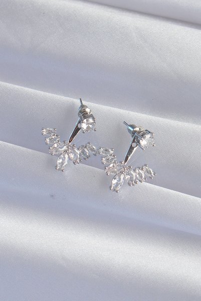Lisinya Brass Silver Color Zircon Stone V Model Earrings -