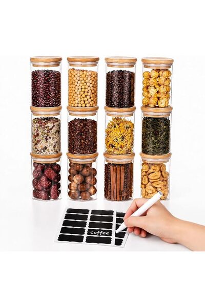AOMIGE 12-Piece 10 oz Glass Storage Jars with Bamboo Lids, Black Labels, Stac...
